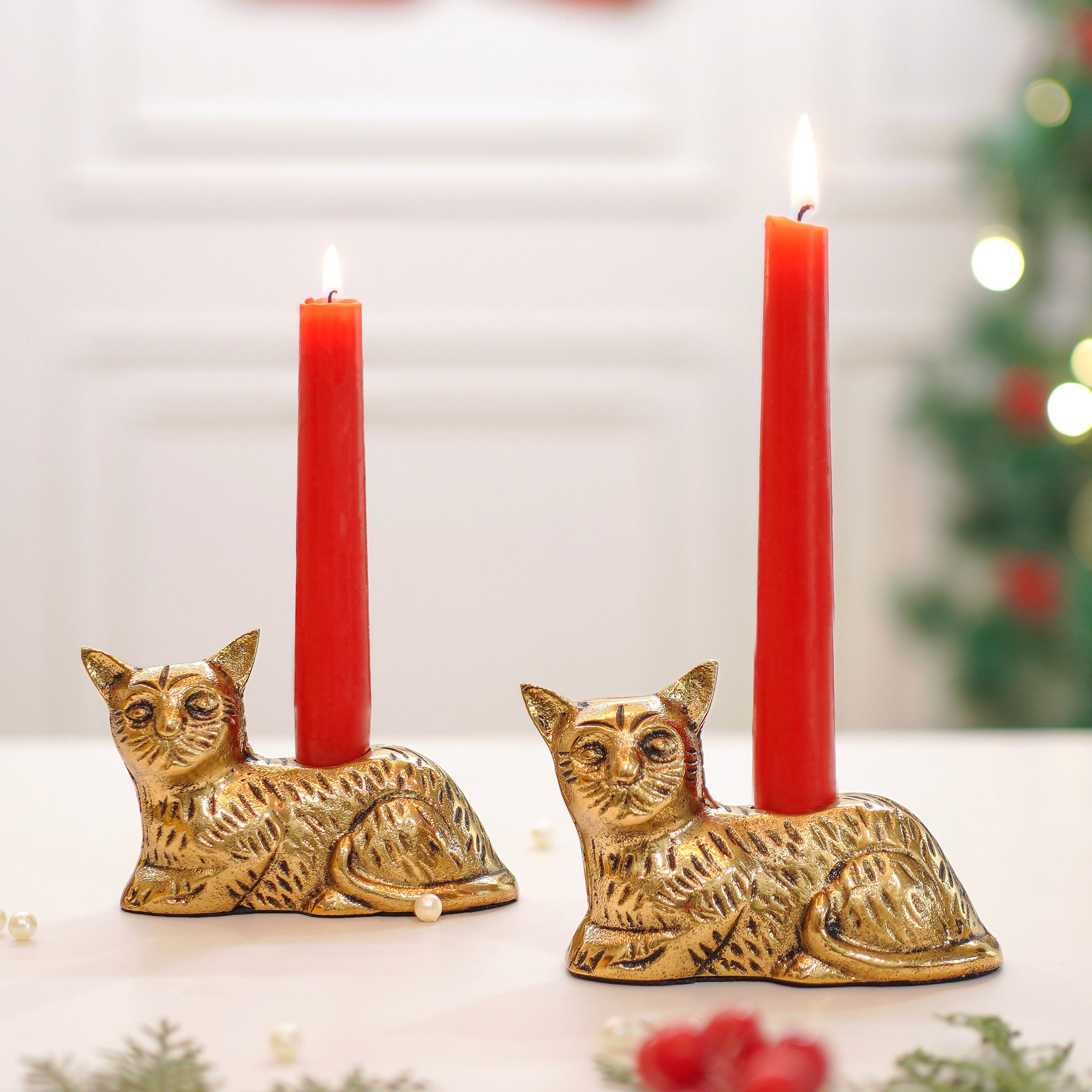 Golden Cat Candle Stand Set