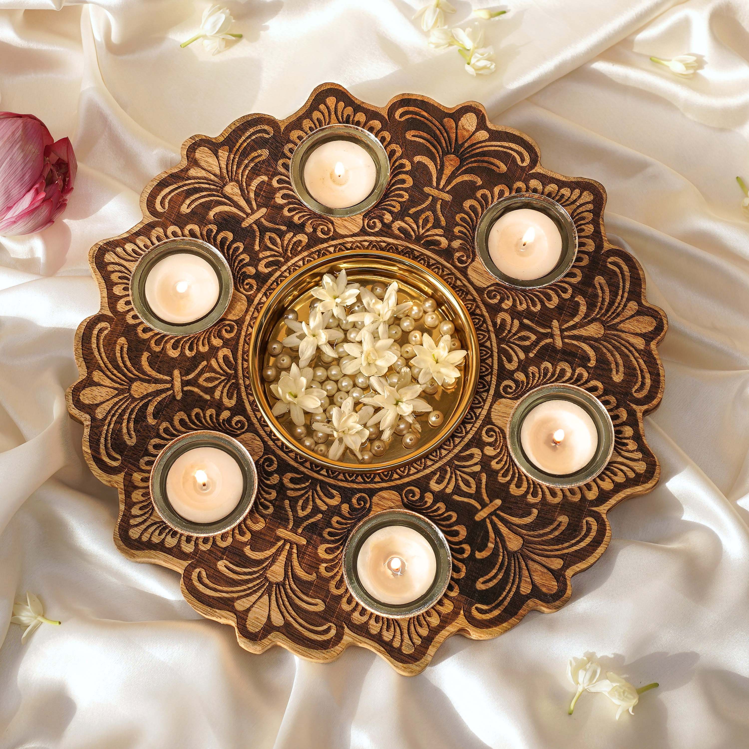 Mandala Wooden Urli with Tealights, Brown