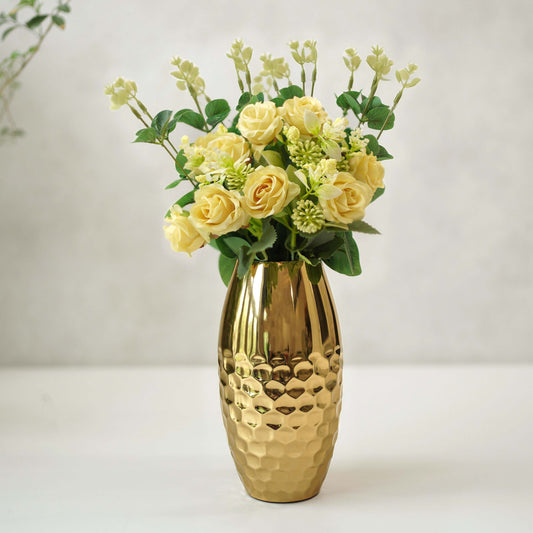 Combo of Metal Vase and Mild Yellow Rose