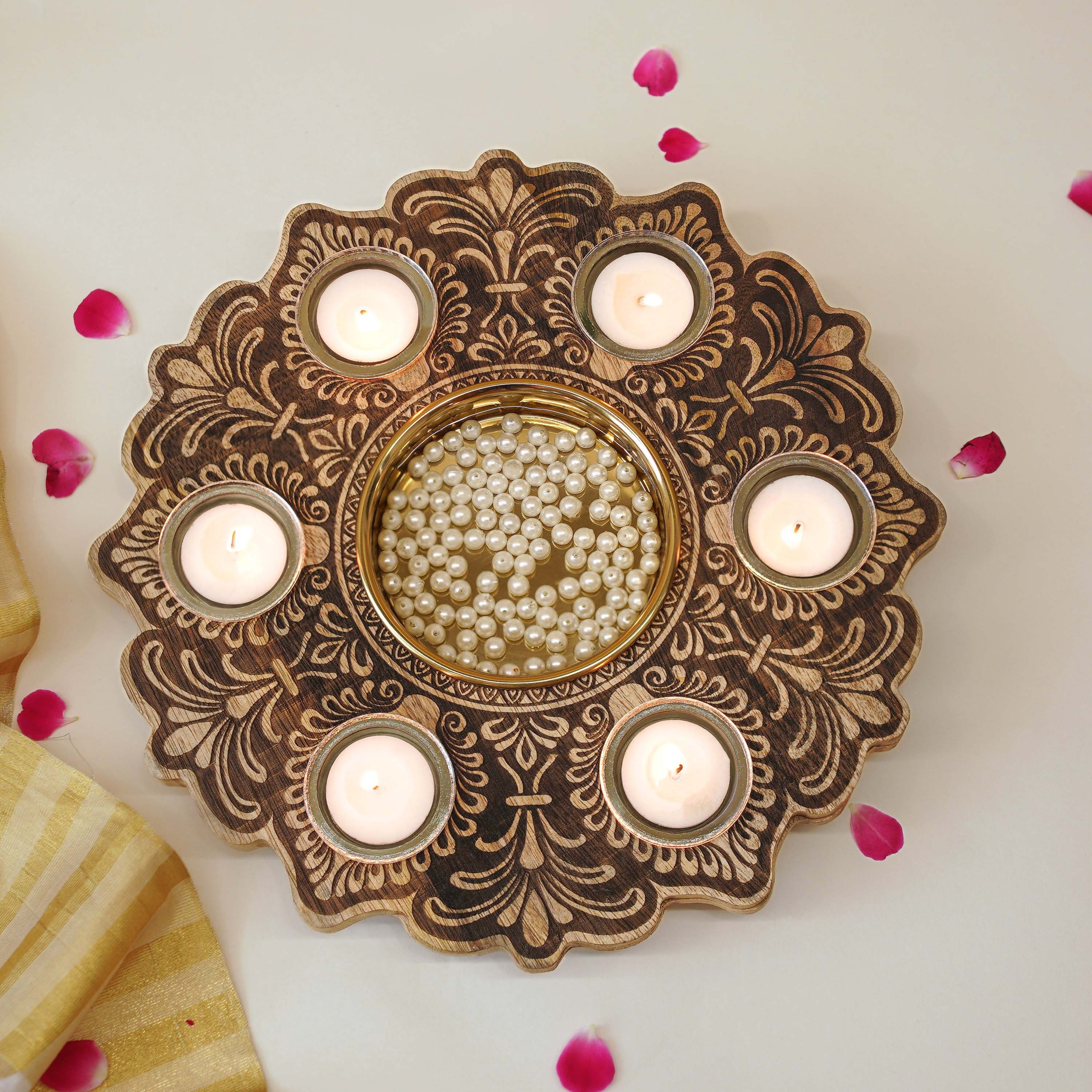 Mandala Wooden Urli with Tealights, Brown