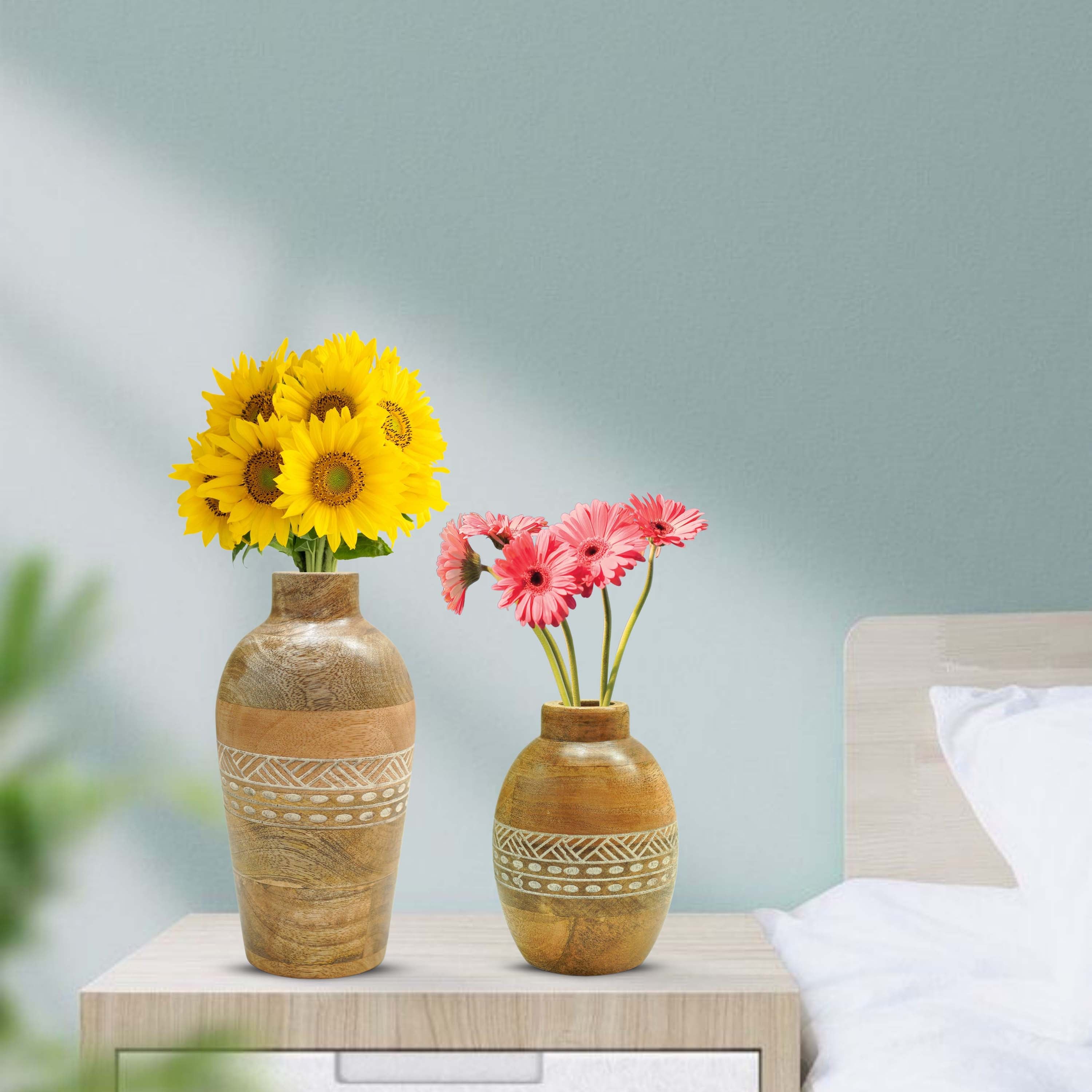 Mango Wood Bulb & Bud Vase, Set