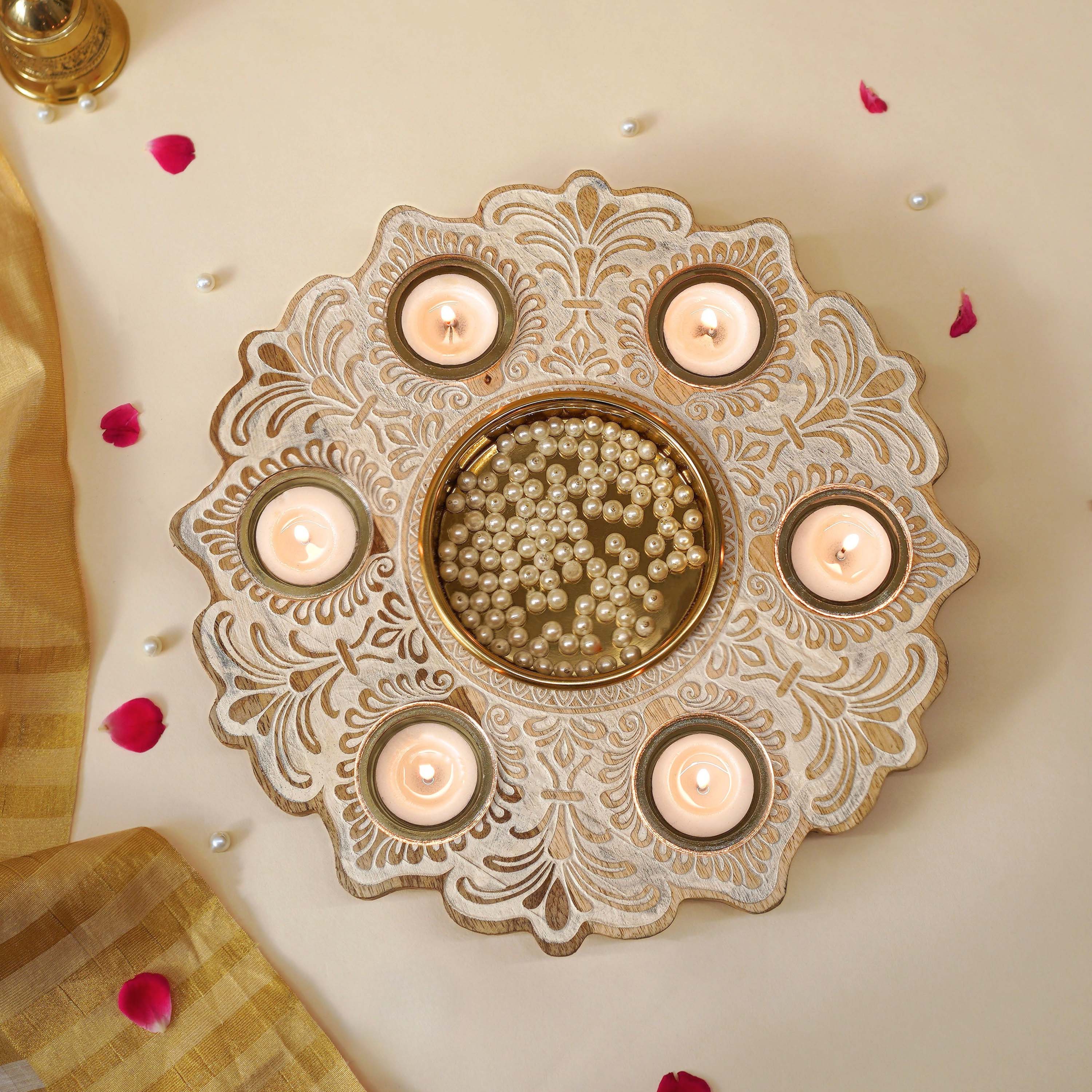 Mandala Wooden Urli with Tealights, White