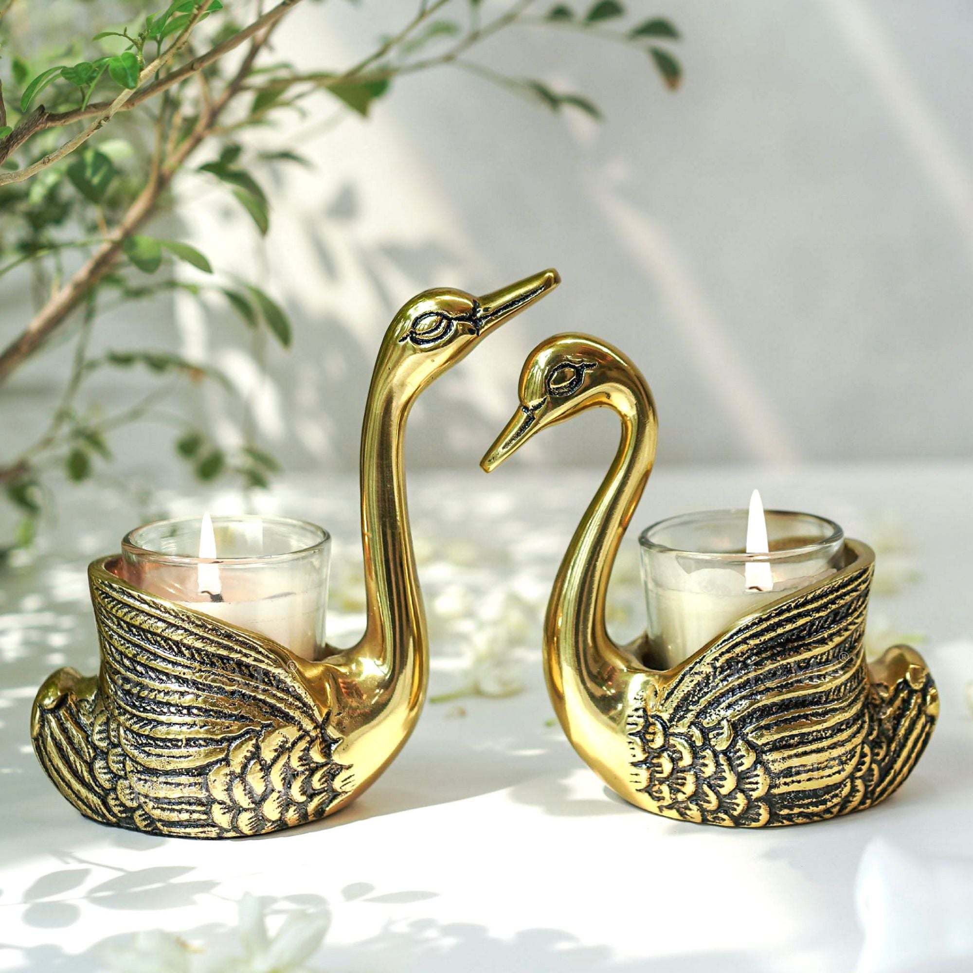 Metal Pair of Swans Candle Holders, (with candles)