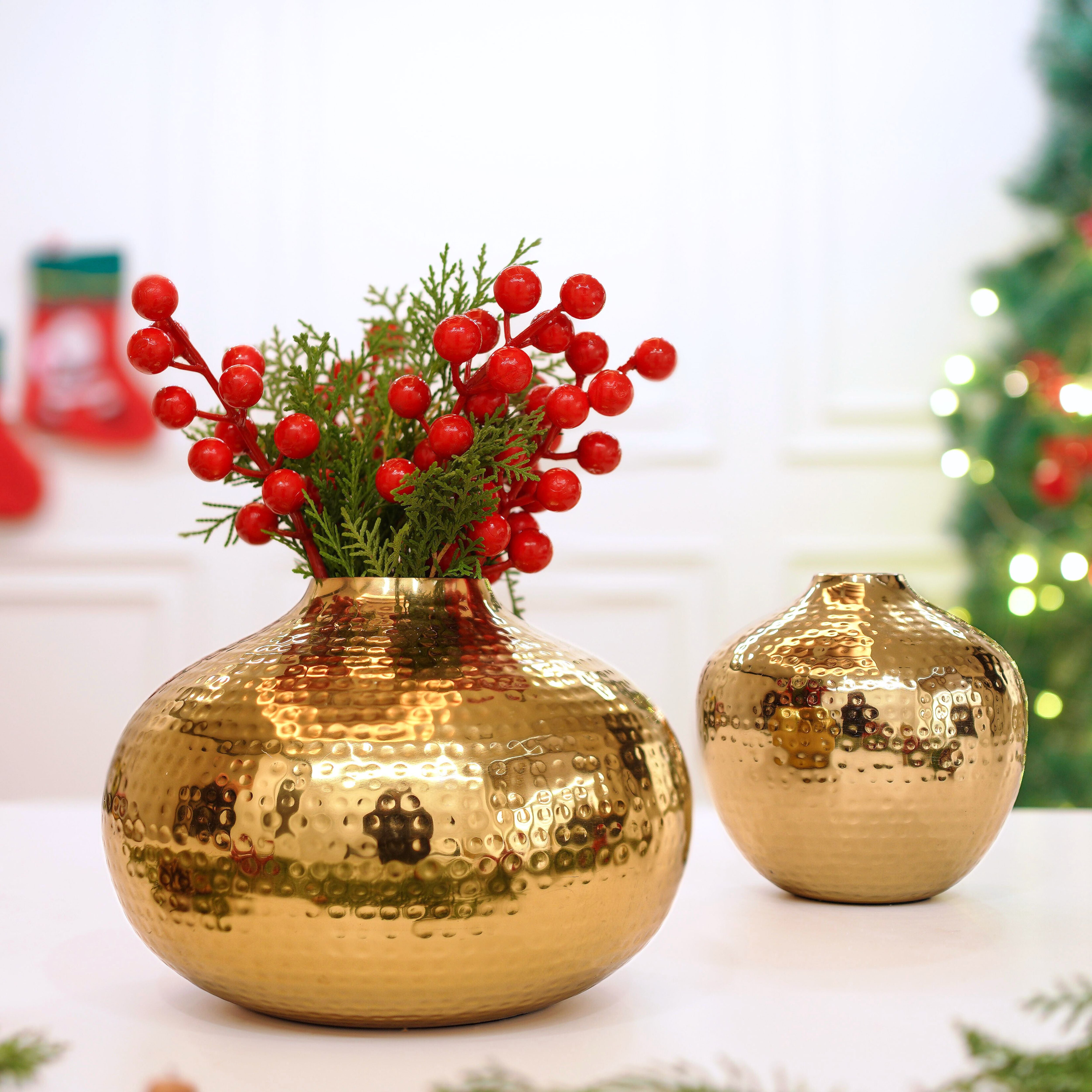 Metal Hammered Flower Vase Set of 2 | Gold