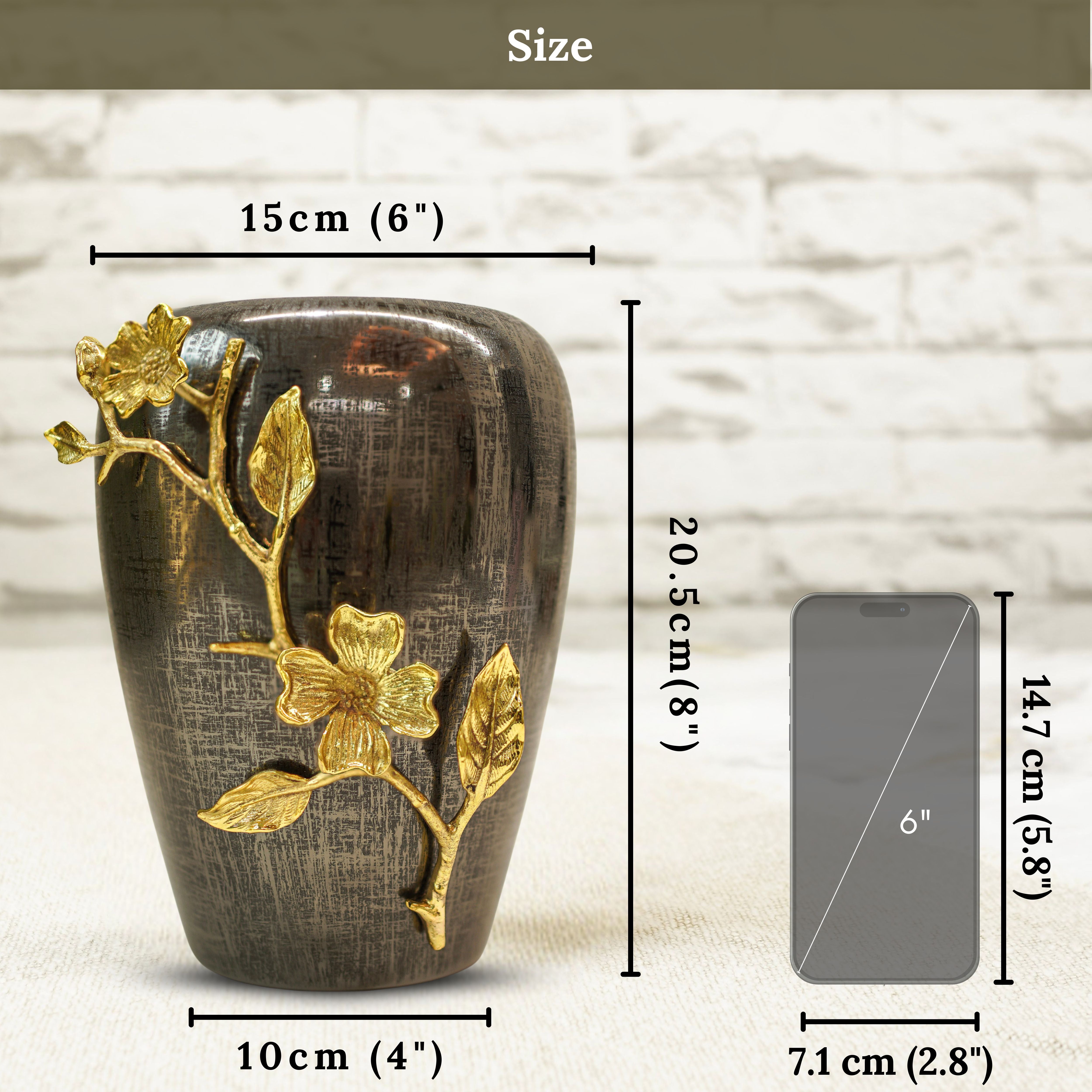 Stainless Steel Vase With Brass Flowers, Black Textured