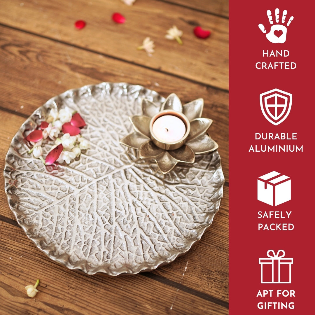 Metal Tray, Lotus leaf metal tray, Metal decorative tray, Metal Pooja Thali