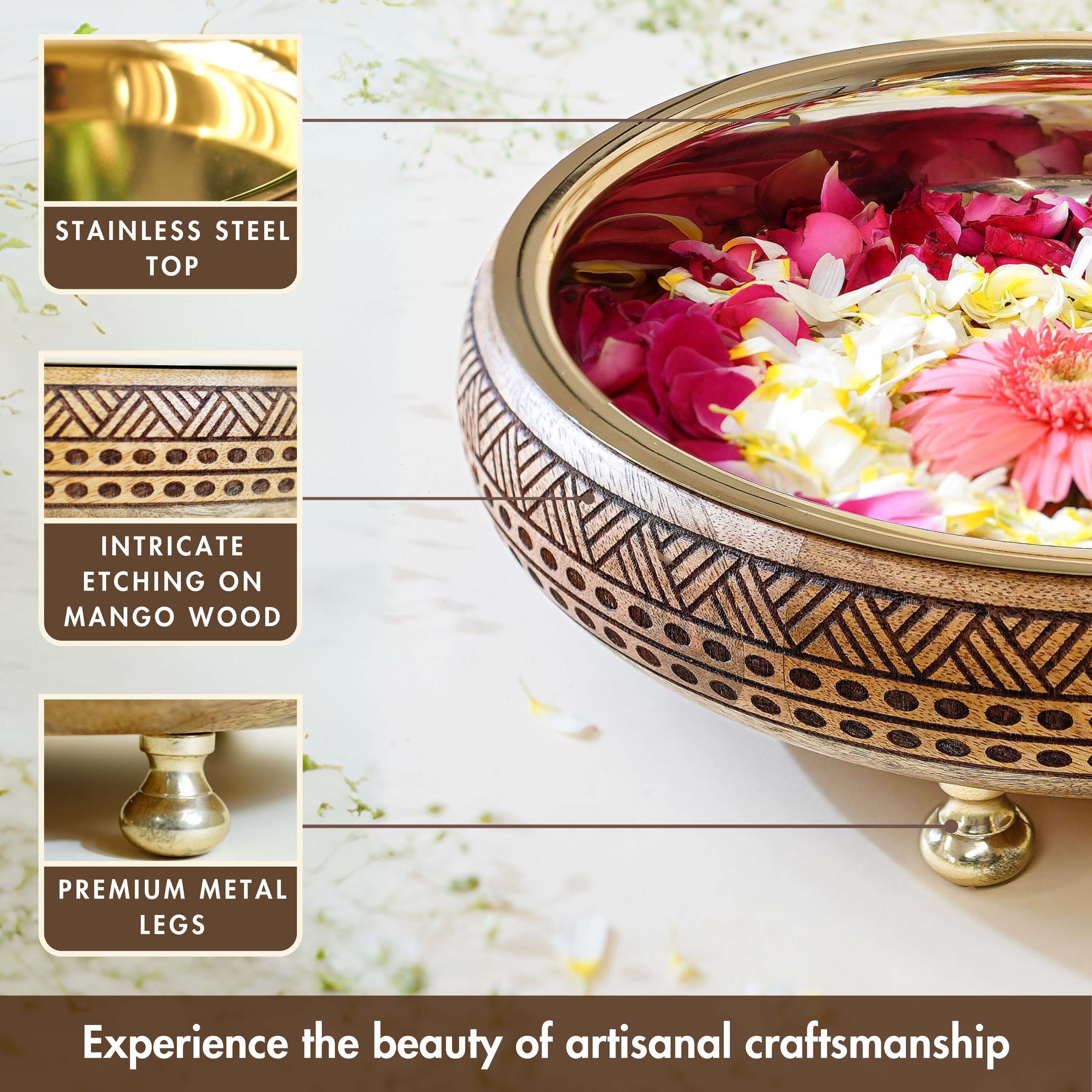 Wooden urli bowl, Traditional urli bowl, Metal urli bowl, Decorative urli bowl