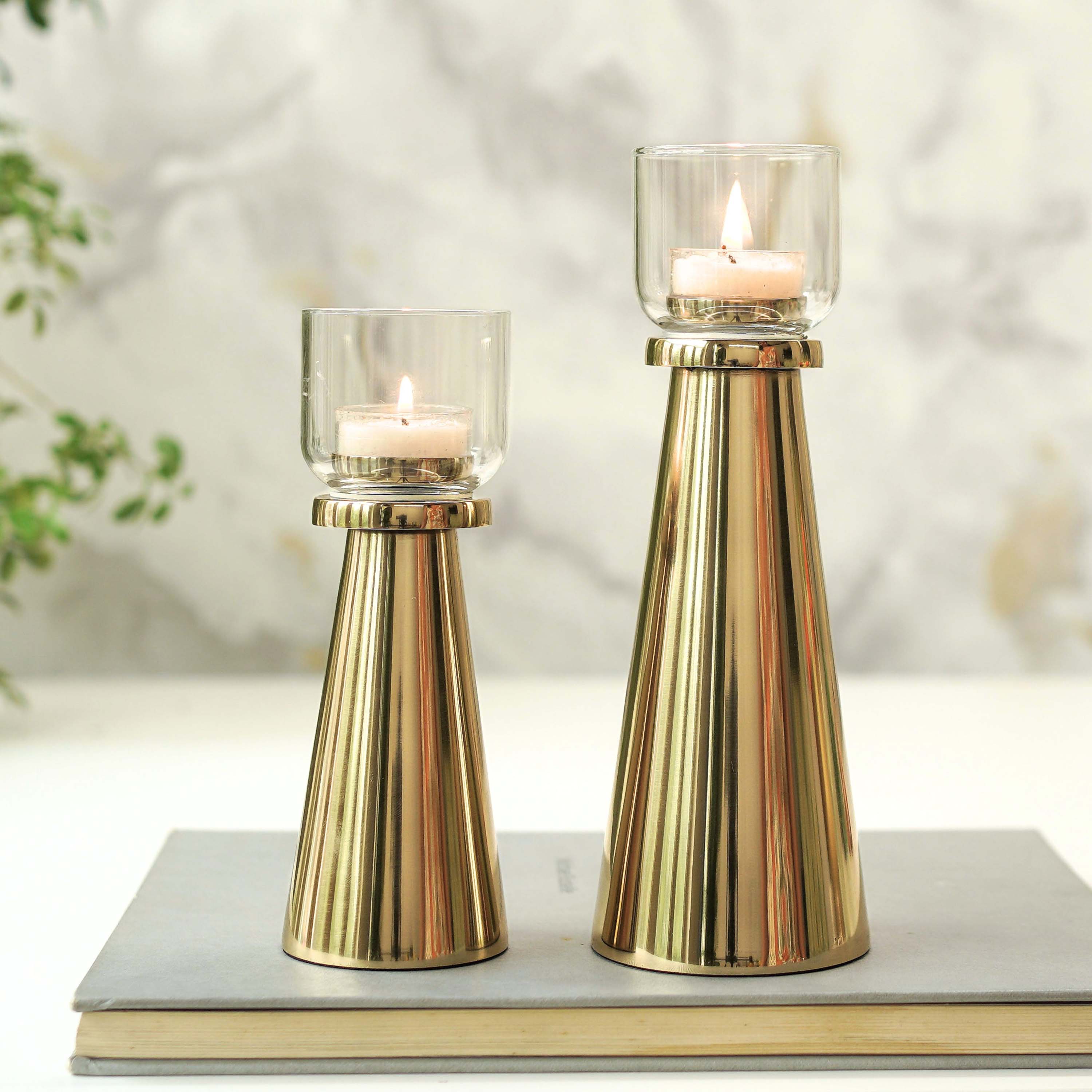 Metal T-light Holder, Set of 2 - Gold