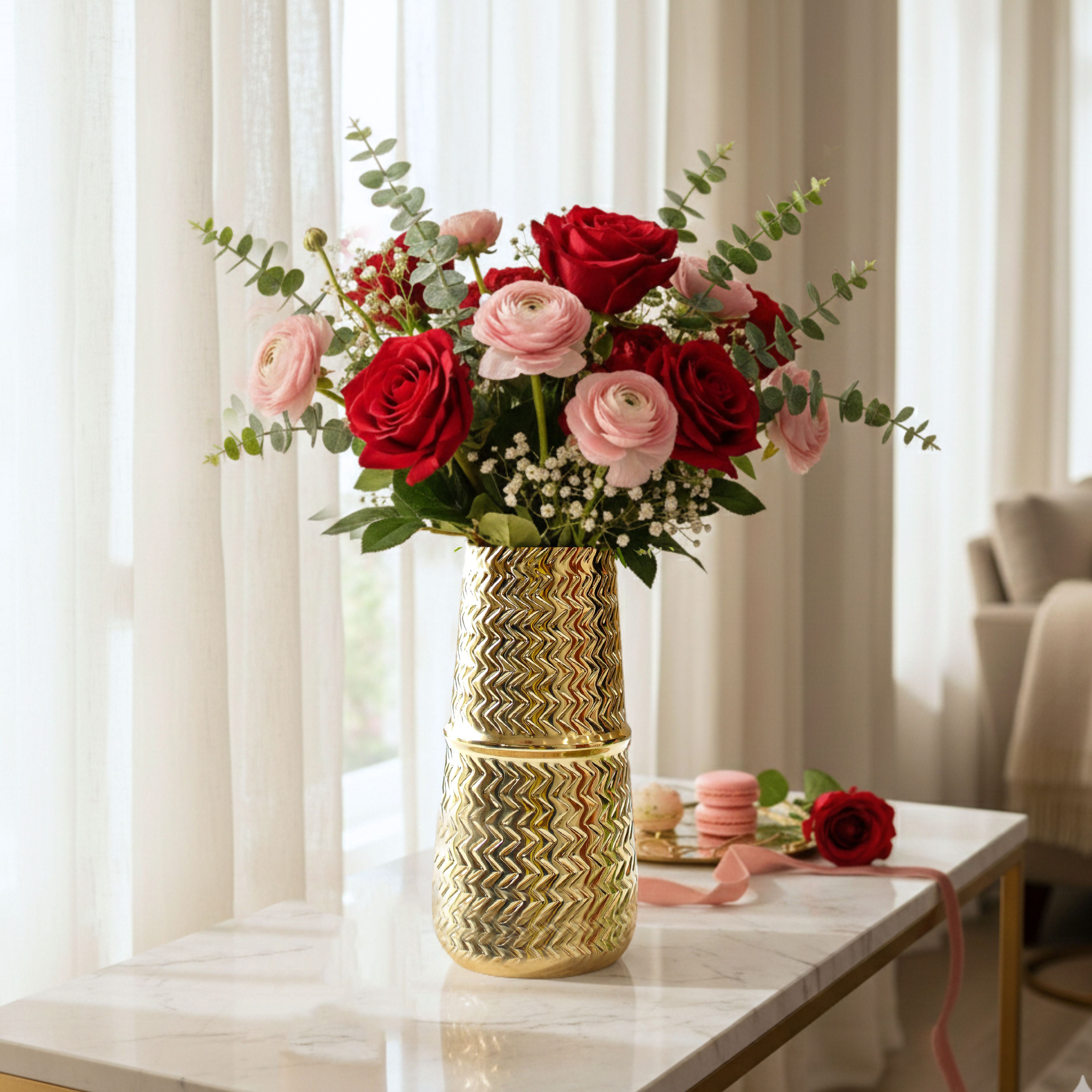 Arrow Embossed Metal Flower Vase Gold