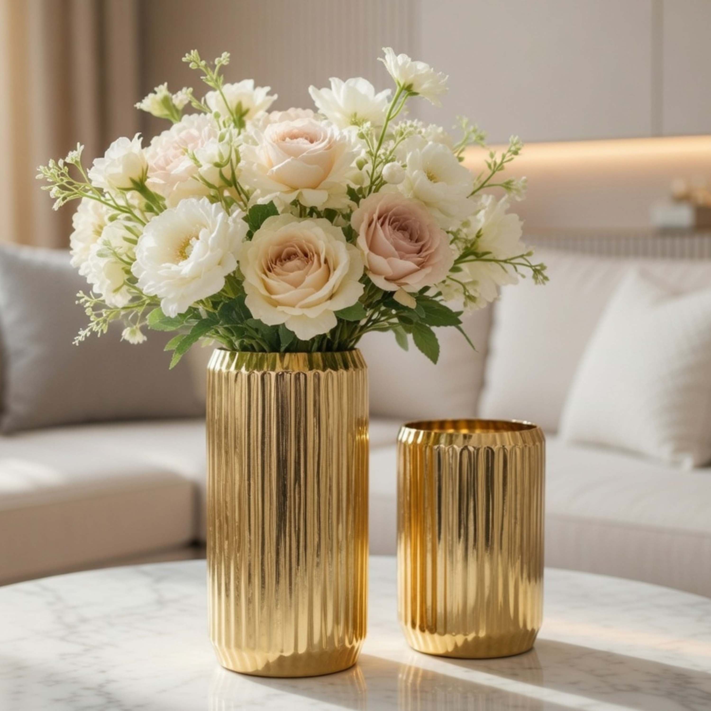 Two gold vases with flowers on a table in a living room setting