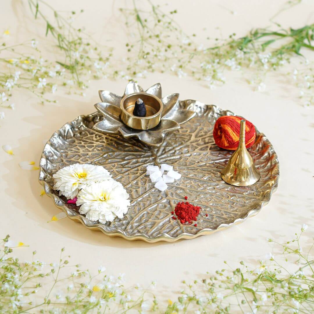 Metal Tray, Lotus leaf metal tray, Metal decorative tray, Metal Pooja Thali
