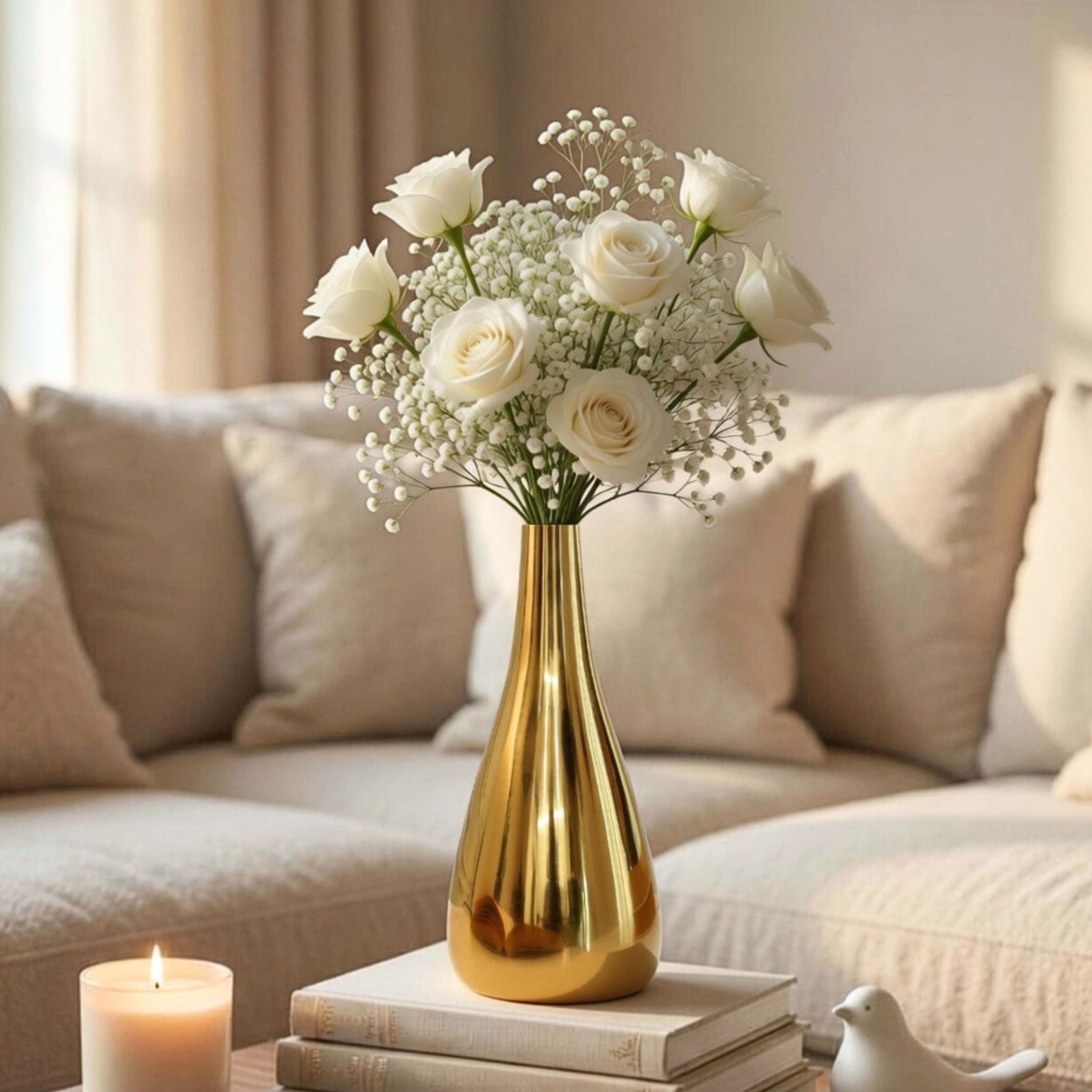 Gold vase with white flowers on a stack of books in a living room setting, Teardrop Flower Vase