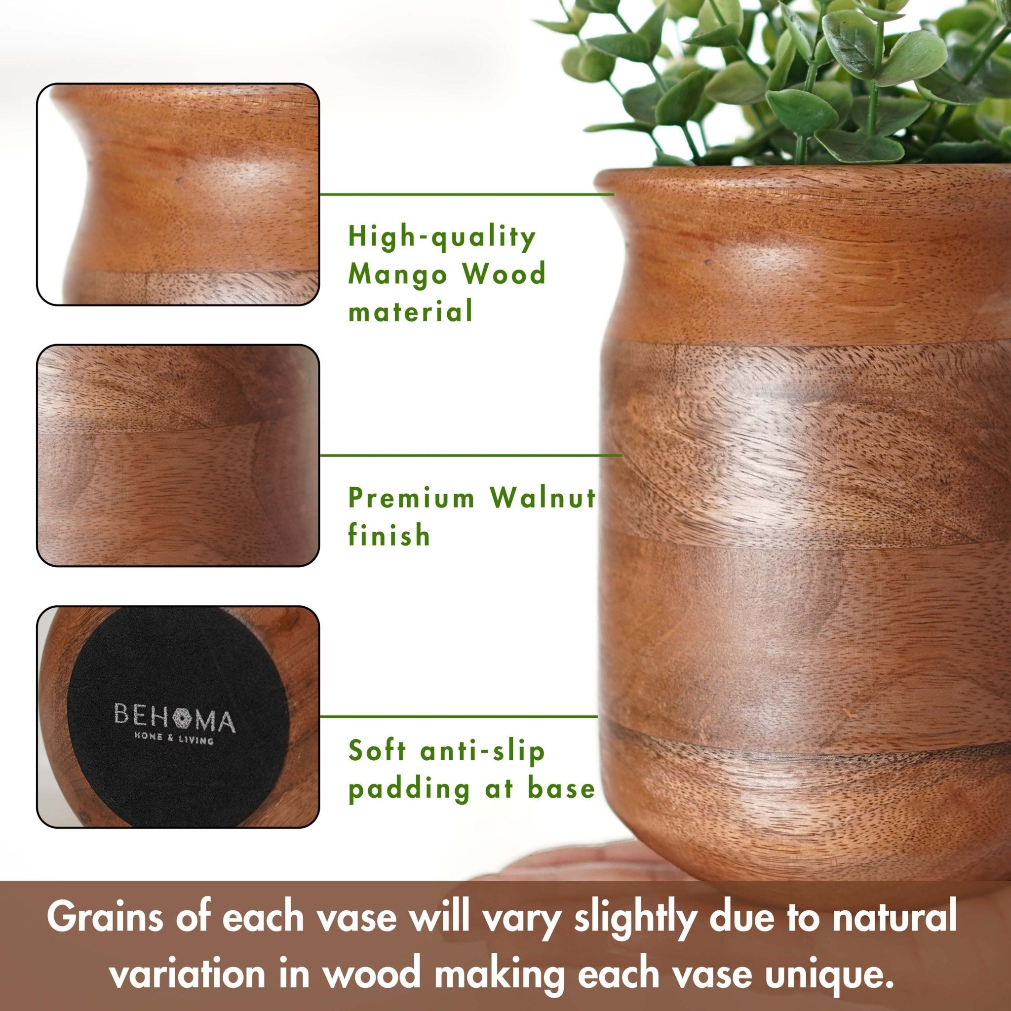 Barni Style Mango Wood Flower Vase, Walnut finish - 6.1''X 4.3'' - Behoma