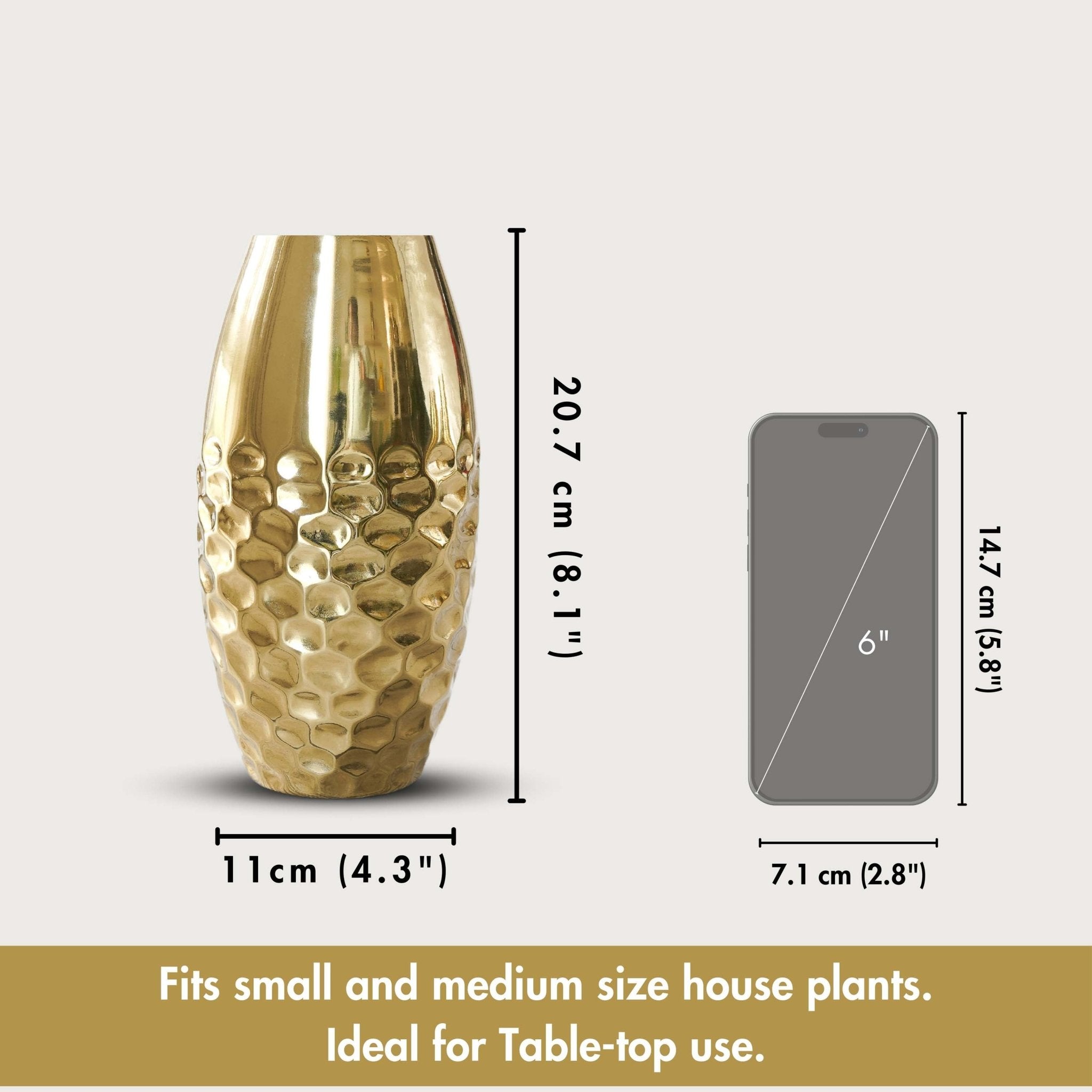 Behoma Metal Modern Half Hammered Flower Vase, Gold, 8.1'' - Behoma