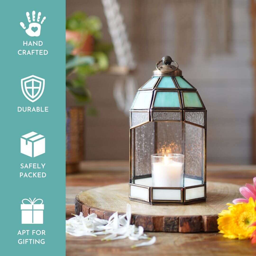 Behoma Stained Glass Hut Lantern (Antique Brass) - 8.8''X 4.7'' - Behoma