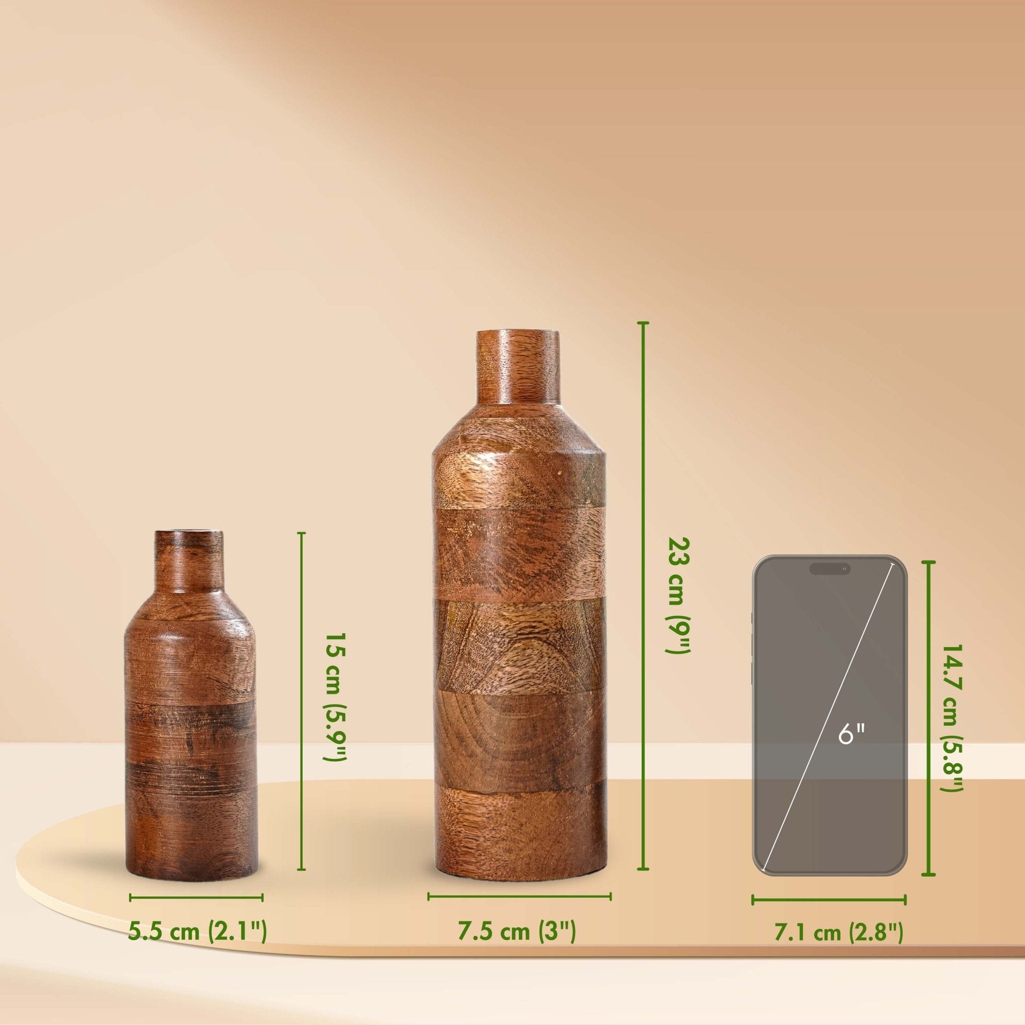 Bottle Style Flower Vase, Walnut Finish, Set - 9'' & 5.9'' - Behoma