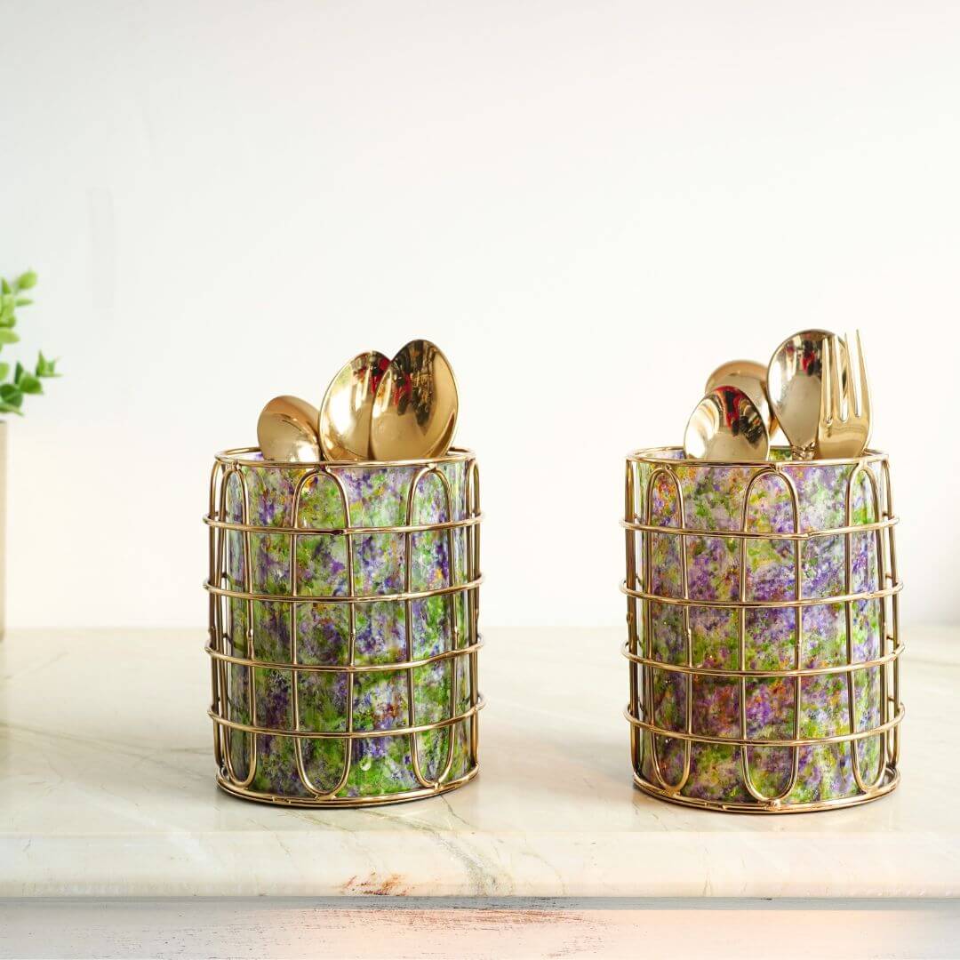 Elegant Steel and Glass Cutlery Holder, Green - Set of 2 - Behoma