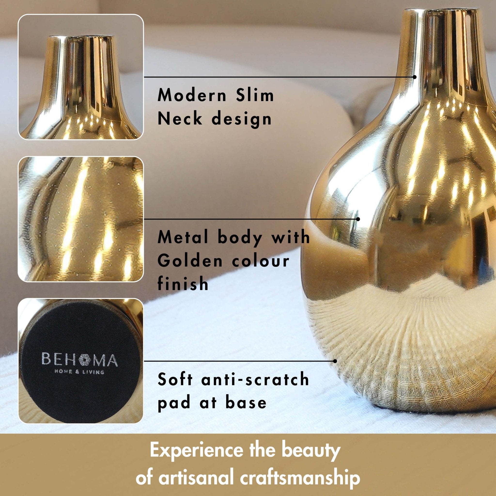 Golden Metal Bud Flower Vase Set - Behoma, Anniversary Gift