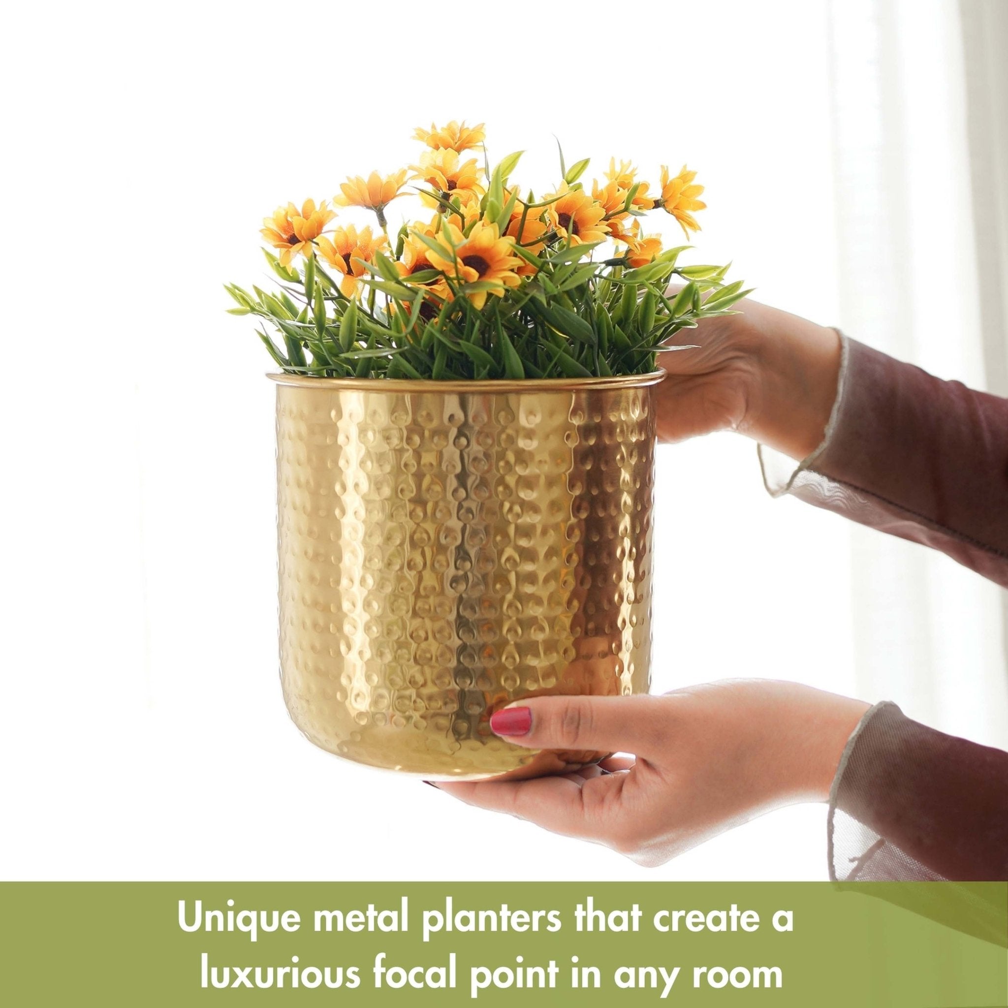 Hammered Metal Indoor Planter, 9.8 Inch, Gold - Behoma