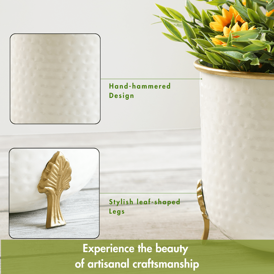 Metal Hammered Gold Rim Leaf leg Planter, White, Set of 2 - 6''X 7'' - Behoma