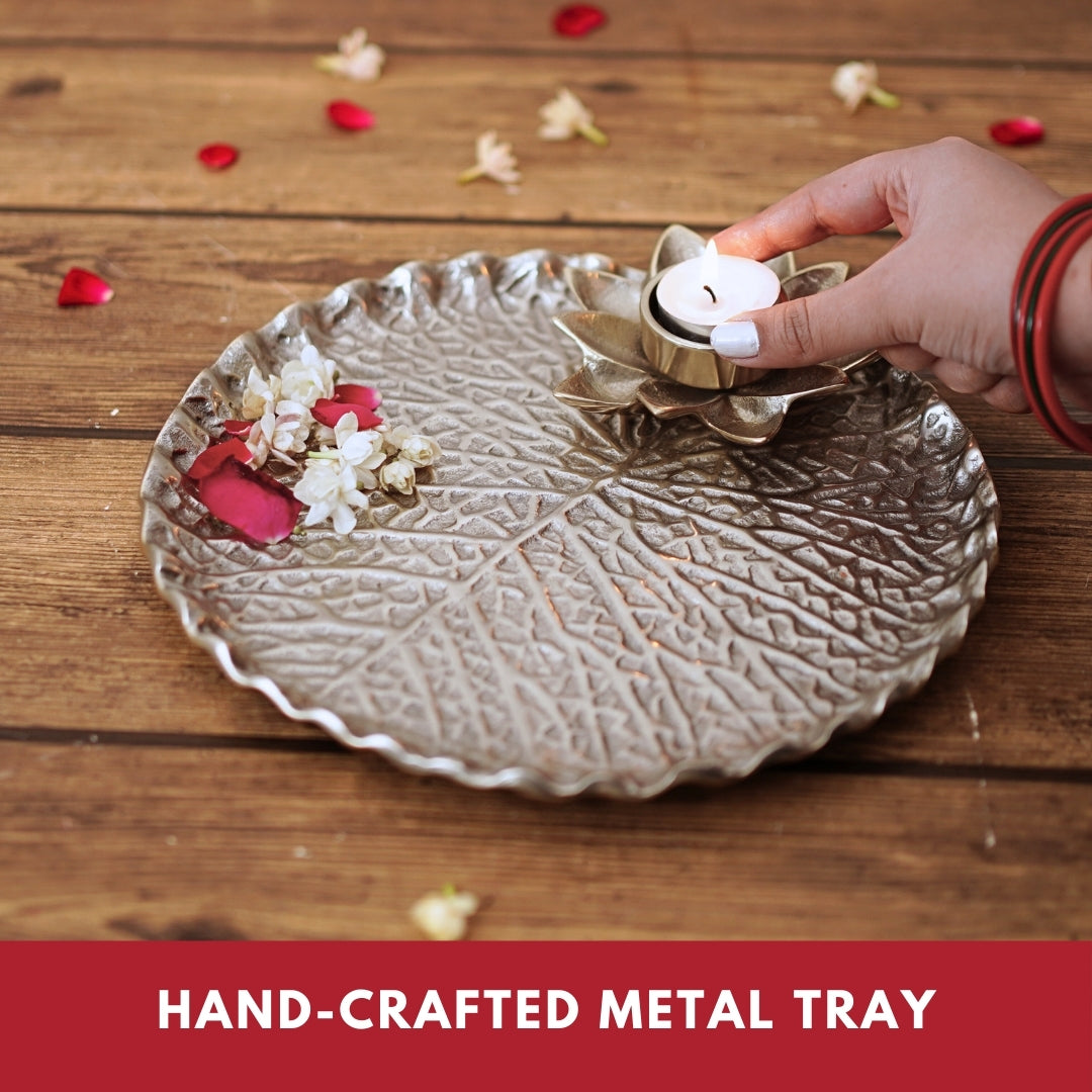 Metal Tray, Lotus leaf metal tray, Metal decorative tray, Metal Pooja Thali