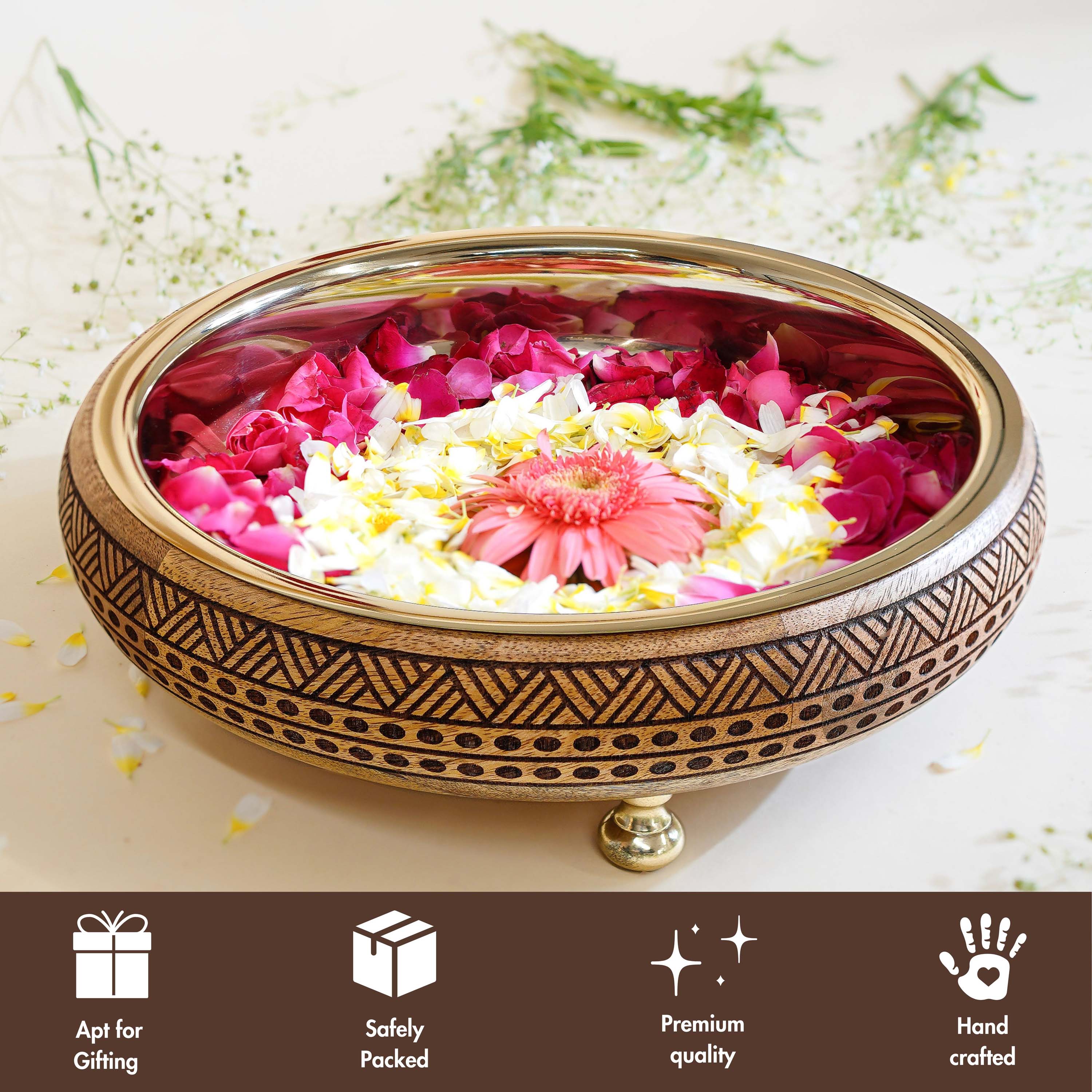 Wooden urli bowl, Traditional urli bowl, Metal urli bowl, Decorative urli bowl