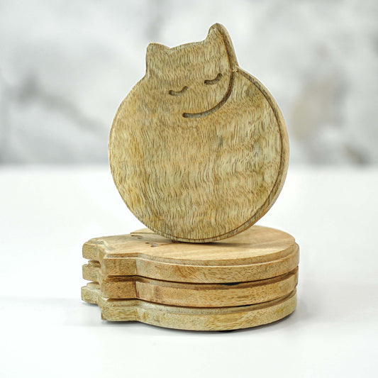 Sleepy Cat Wooden Coaster, Set of 4
