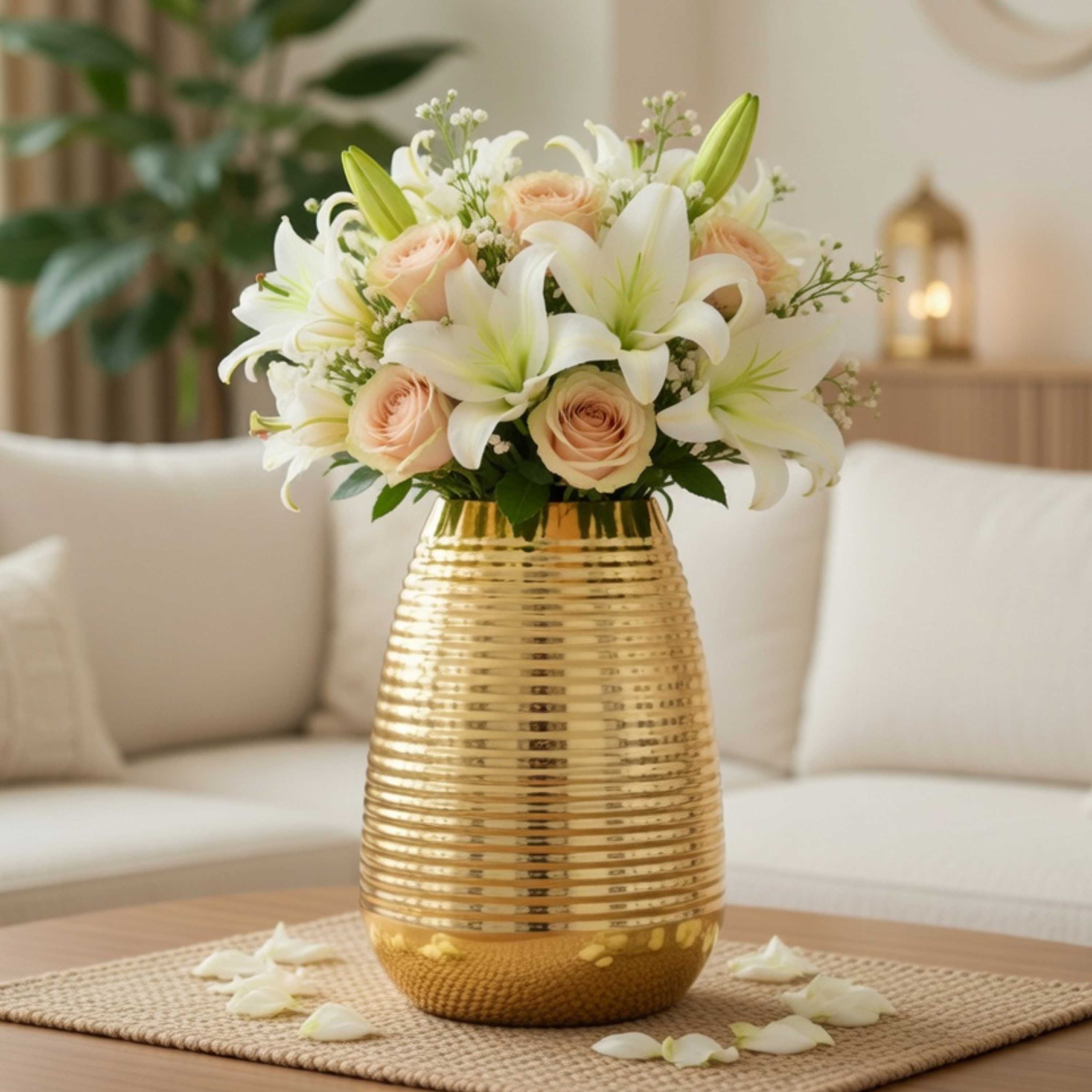 Ribbed Gold Metal Flower Vase