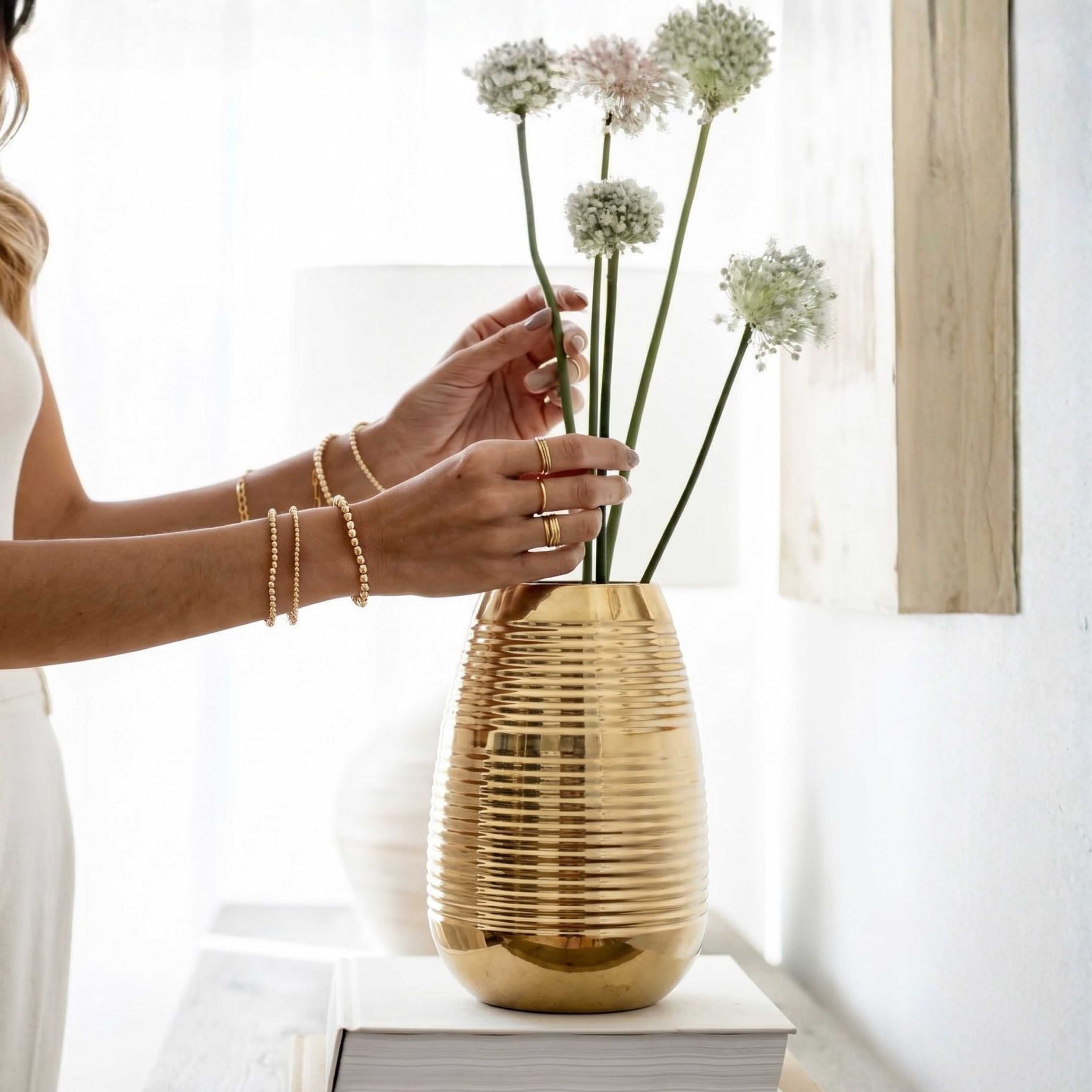 Ribbed Gold Metal Flower Vase