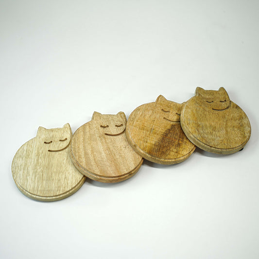 Sleepy Cat Wooden Coaster, Set of 4
