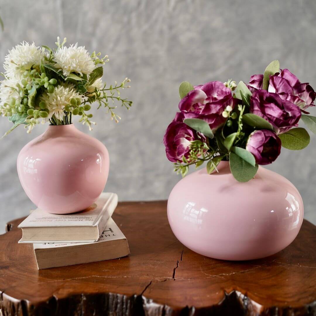 Artificial flower and vase pink set of 2 