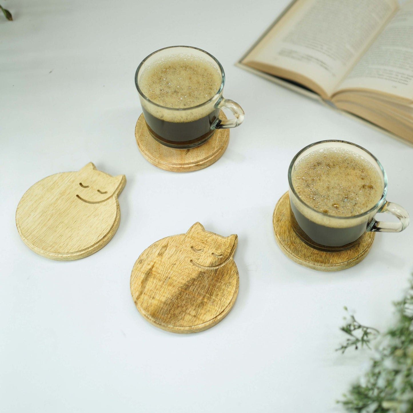 Sleepy Cat Wooden Coaster, Set of 4