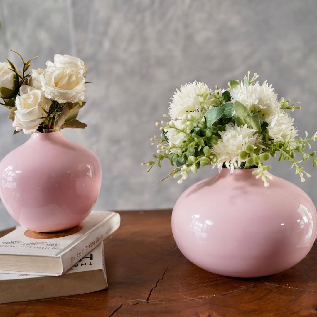 Metal pink flower vase with flower set of 2 