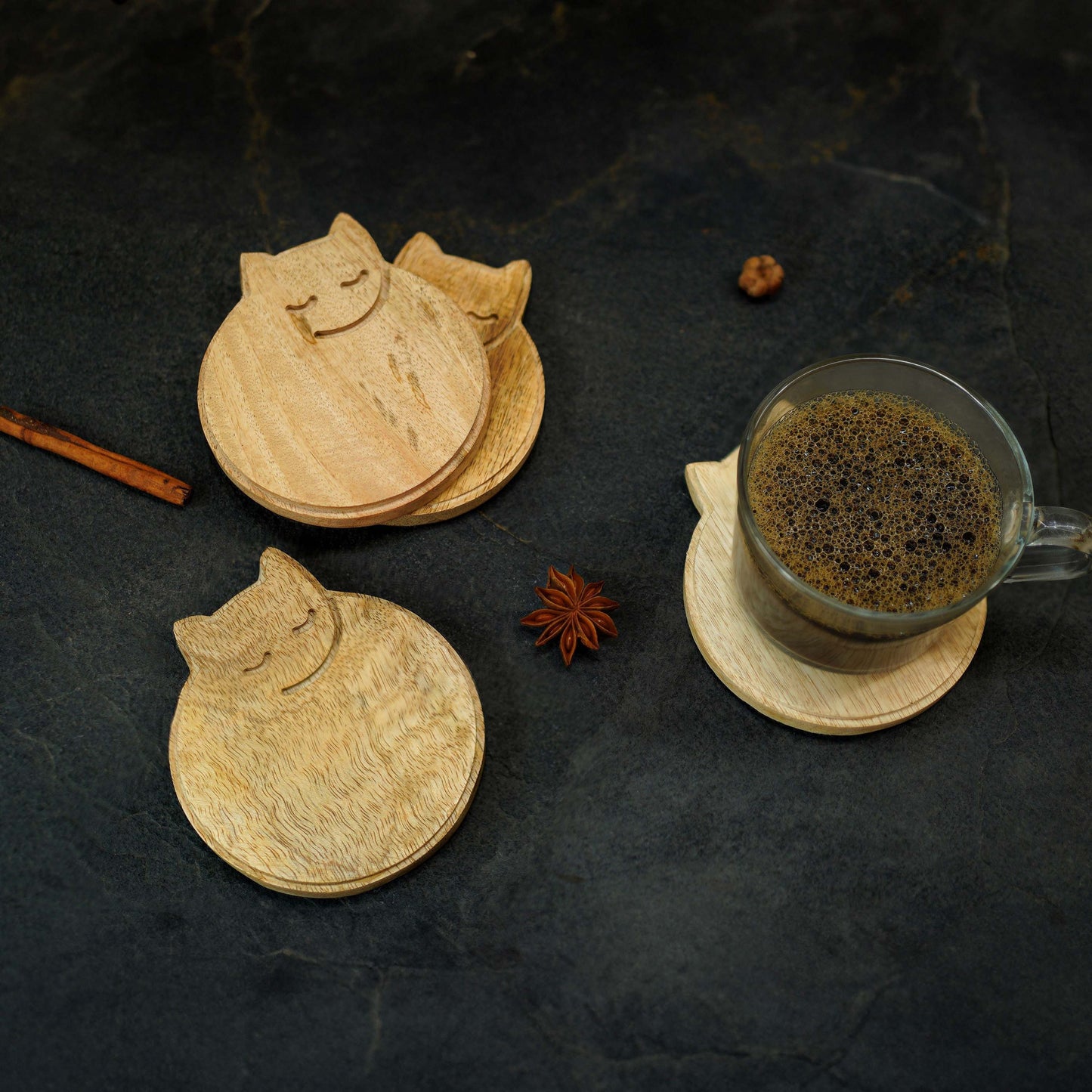 Sleepy Cat Wooden Coaster, Set of 4