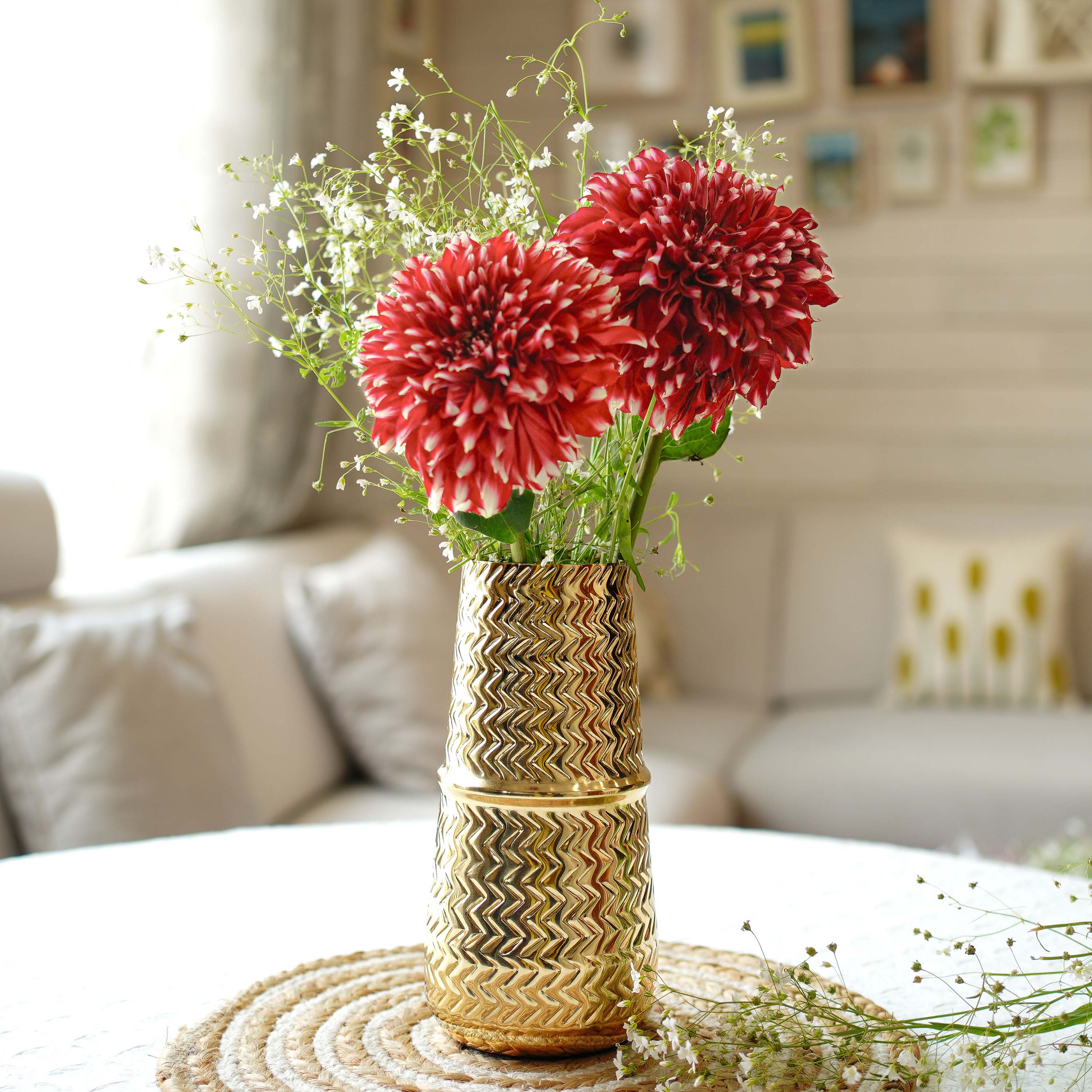 Arrow Embossed Metal Flower Vase Gold
