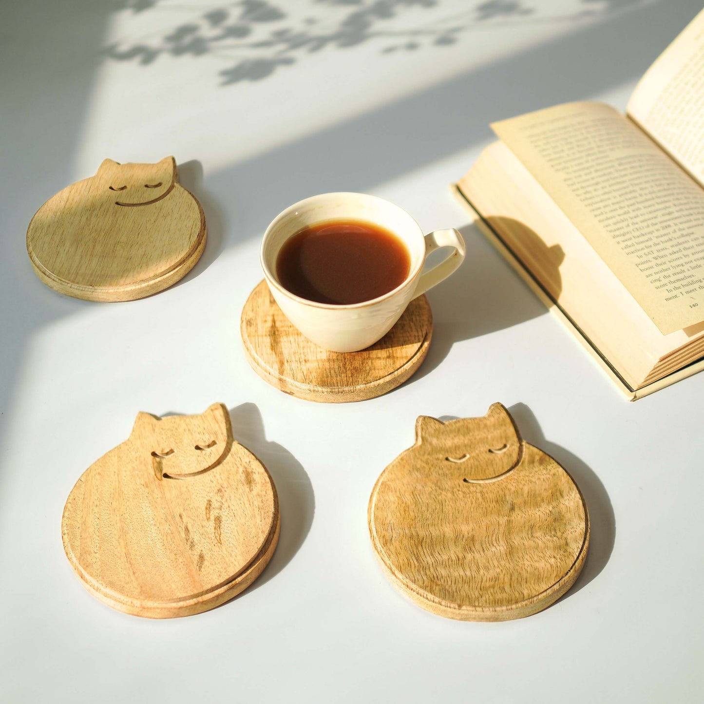 Sleepy Cat Wooden Coaster, Set of 4