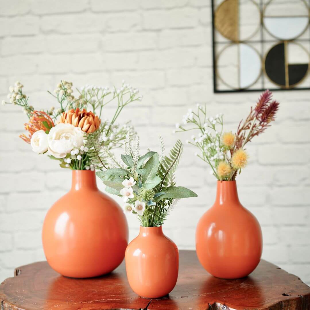 Orange bud metal flower vases with flower set of 3 
