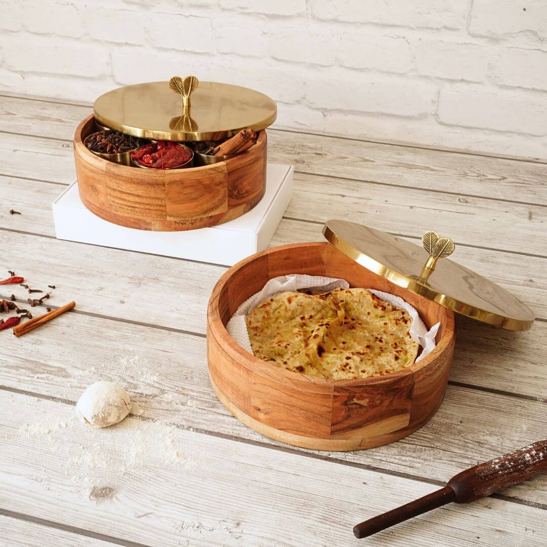 Classic Wood Chapati Box - Gold