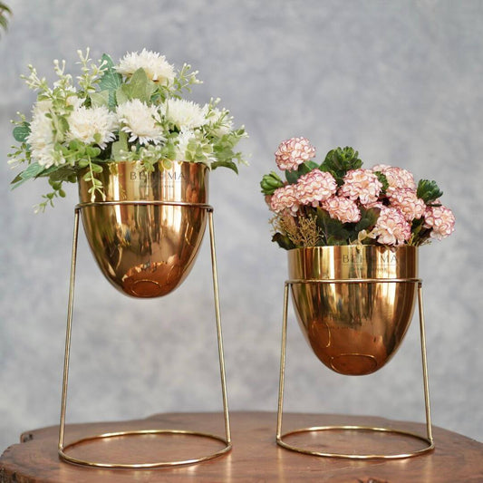 Metal Planter With Round Gold Stand, Set Of 2