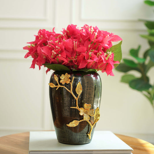 Stainless Steel Vase With Brass Flowers, Black Textured