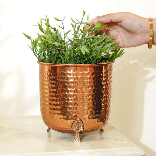 Metal Hammered Leaf leg Planter, Copper, 6.2'' - Behoma