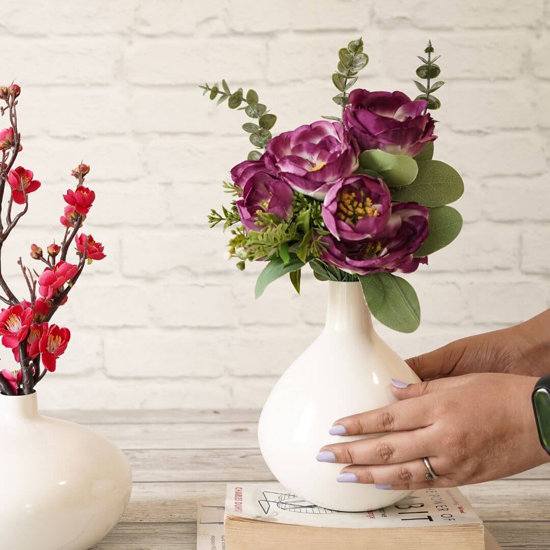 Metal White flower vase with purple flowers 