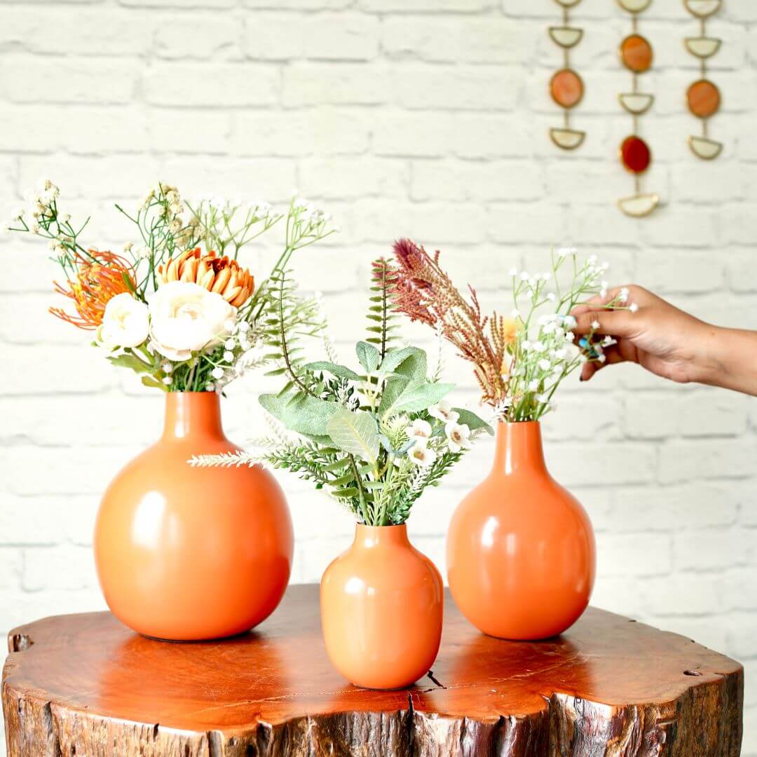 Orange metal Flower vase - set of 3 
