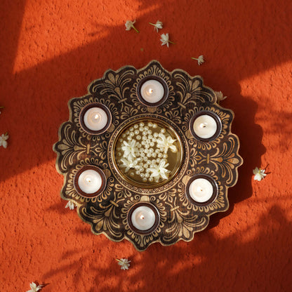 Mandala Wooden Urli with Tealights, Brown
