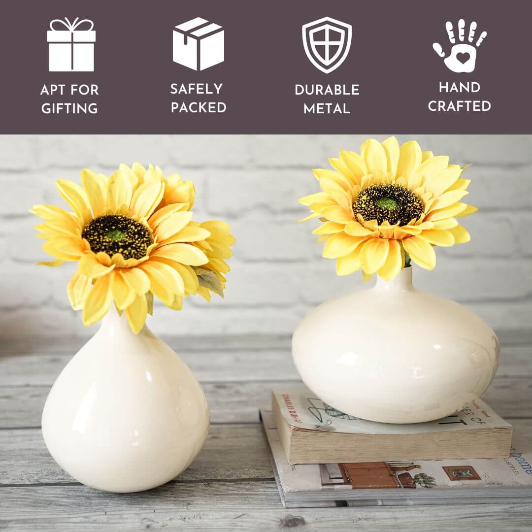 Metal White flower vase with flowers  set of 2 