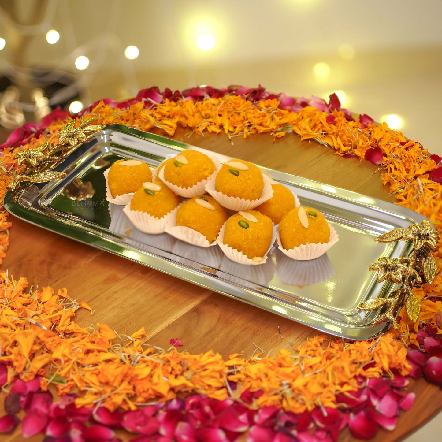 SS Serving Tray with Brass Branch