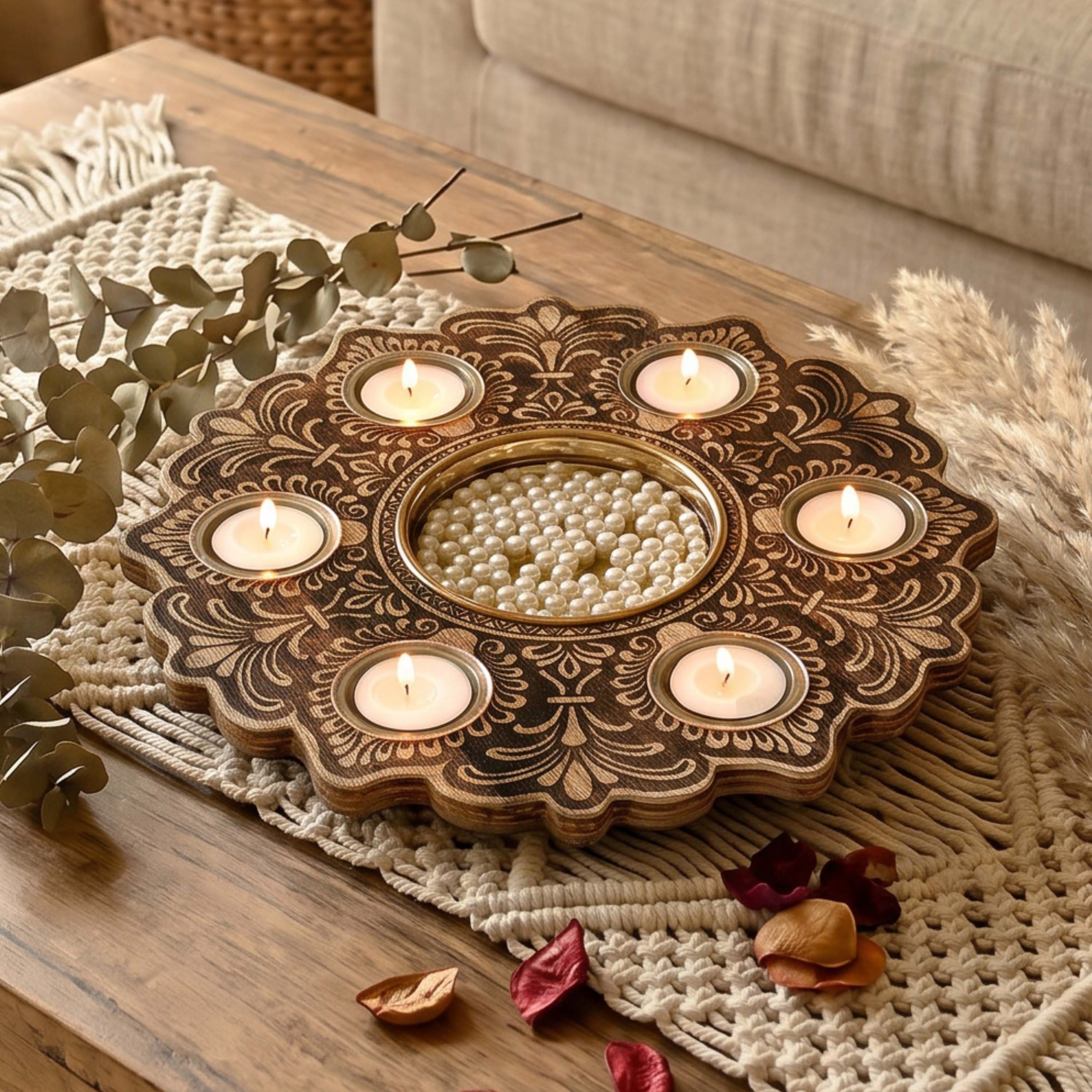 Mandala Wooden Urli with Tealights, Brown