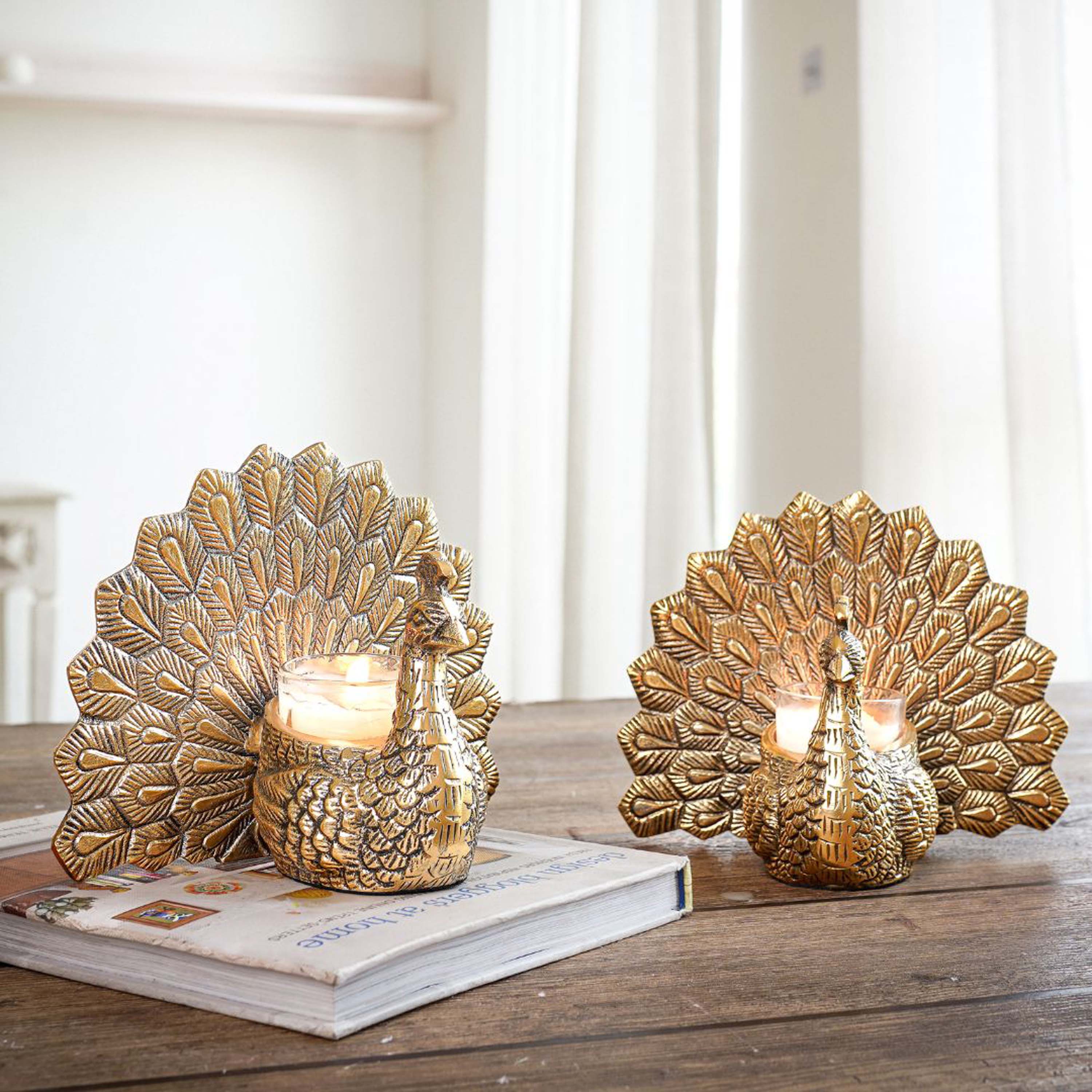 Metal Peacock Candle Holder Set