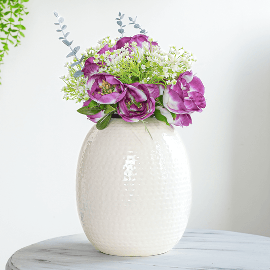 White hammered Flower vase with flower 
