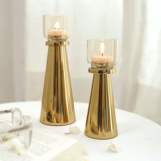 Metal Pillar T-light Holder, Set of 2 - Gold